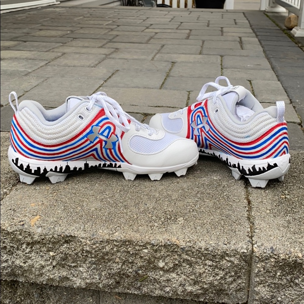 Custom Painted - Under Armour White Red and Blue Athletic Cleats